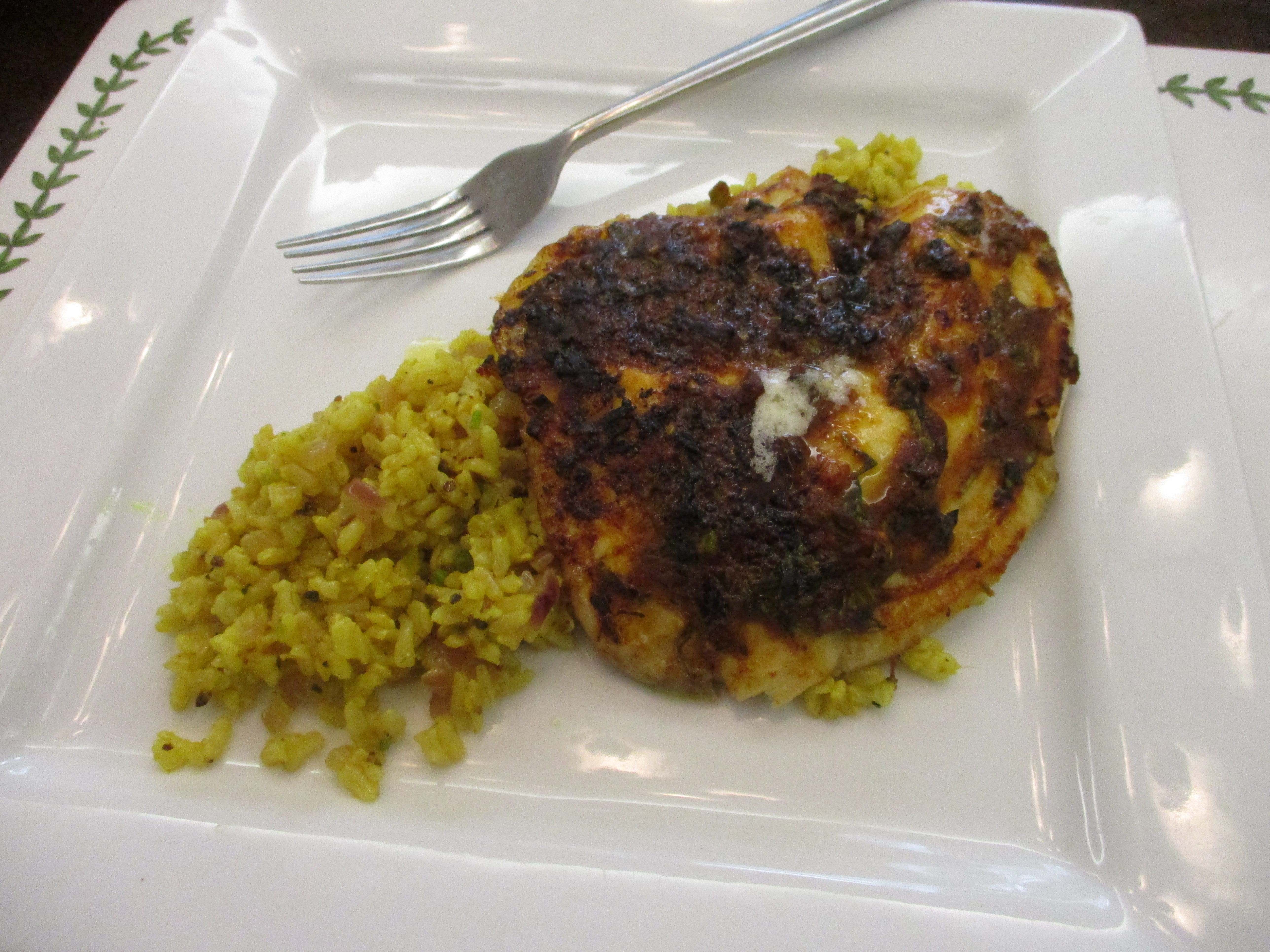 Indian Curry Leaf Broiled Fish on Cauliflower Pilaf